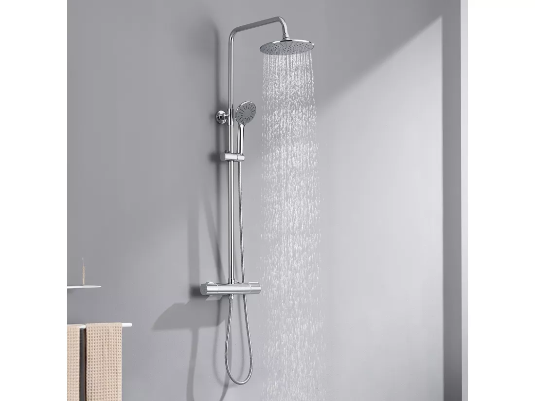 Colonne de Douche Thermostatique Chromé Ensemble de Douche avec Douchette à Mains 3 Jets d'Eau SystèmeSet de Douche Thermostatique Hauteur Réglable