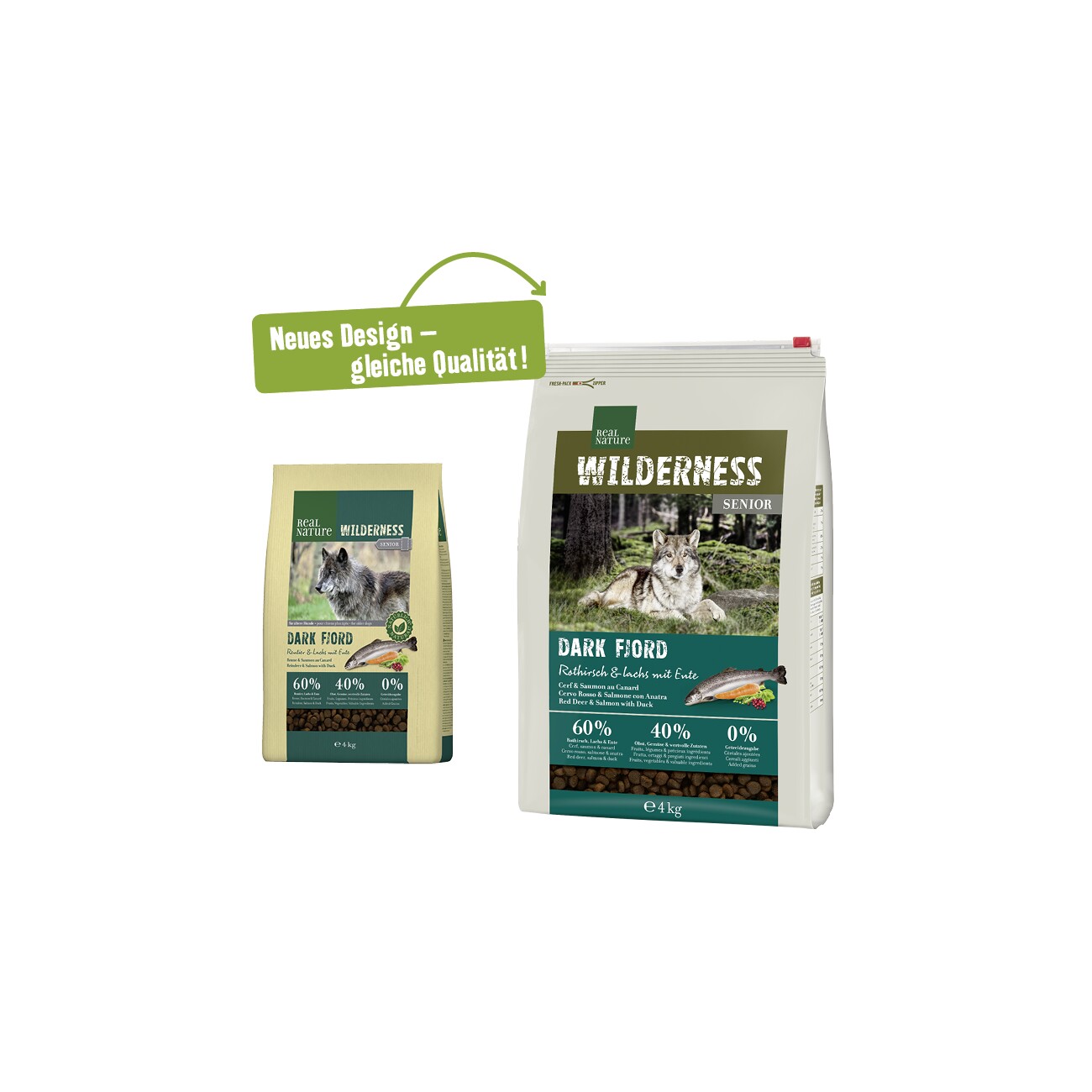 REAL NATURE WILDERNESS Trockenfutter Hund, Senior, Dark Fjord Rothirsch und Lachs mit Ente 4 kg
