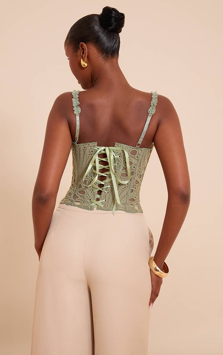 Vert Sauge Corset En Dentelle Florale Transparente Texturée À Bretelles