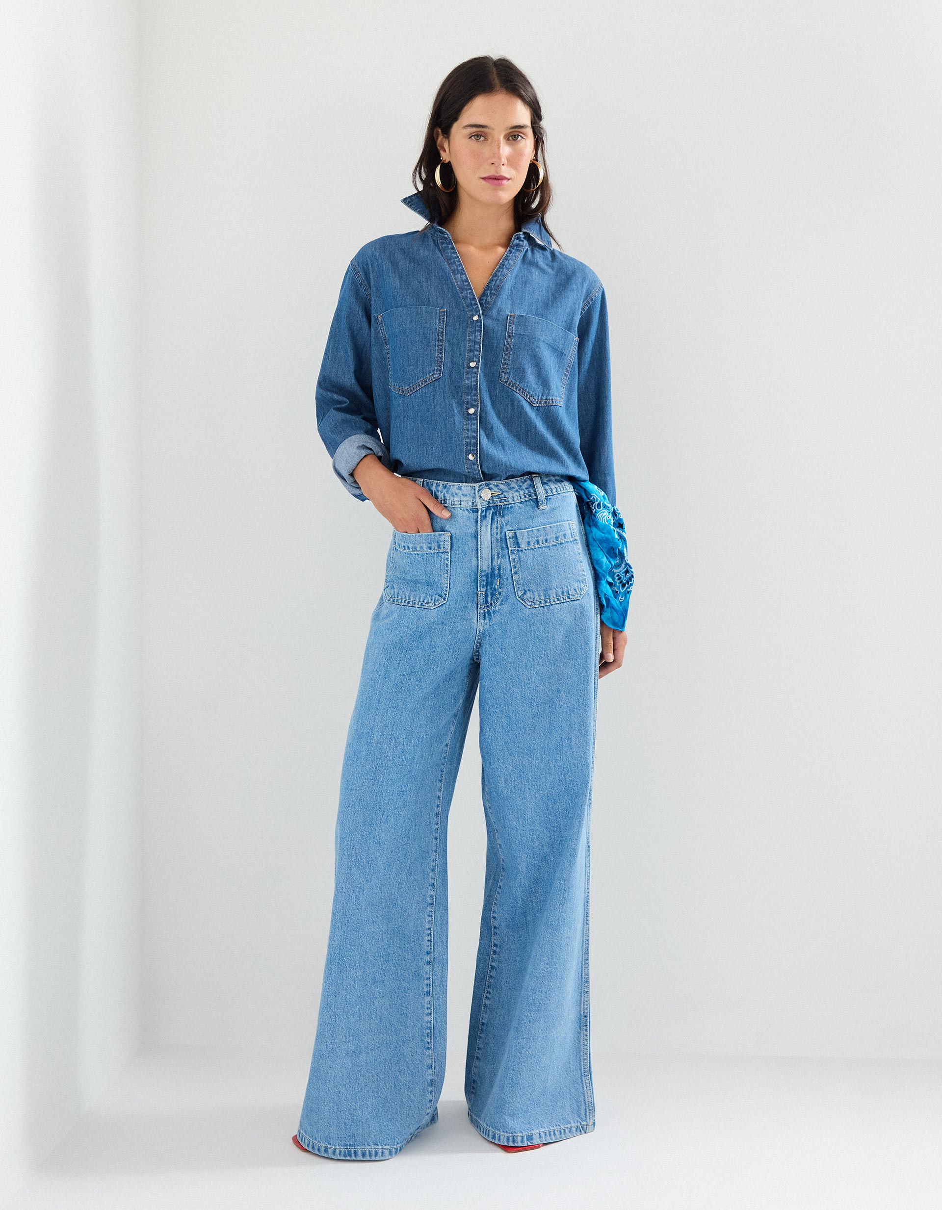 Calças de Ganga Wide Leg, Mulher, Azul