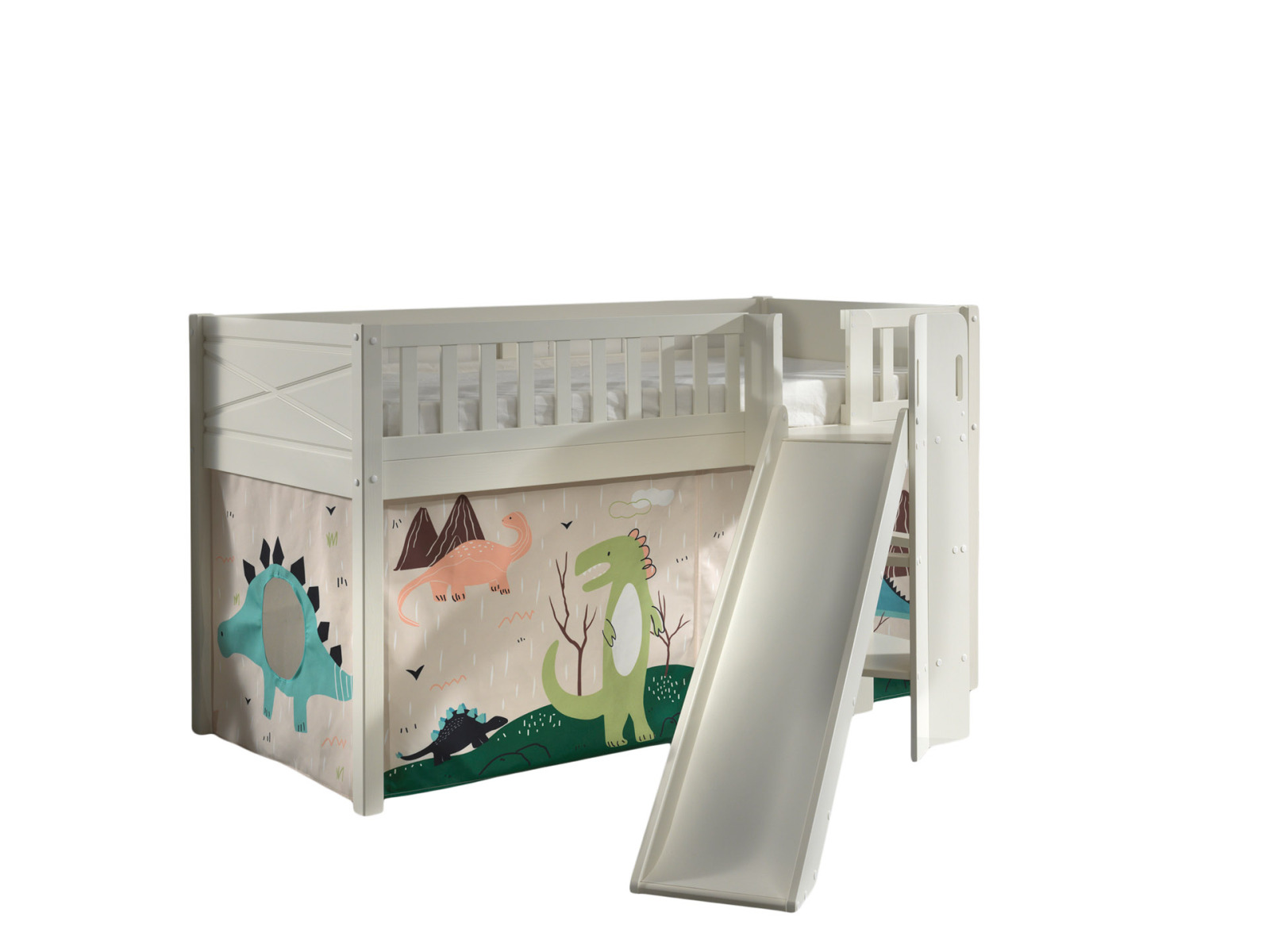 Spielbett SCOTT - weiß - Dino - mit Rutsche, Vorhang und Leiter - 90x200 cm
