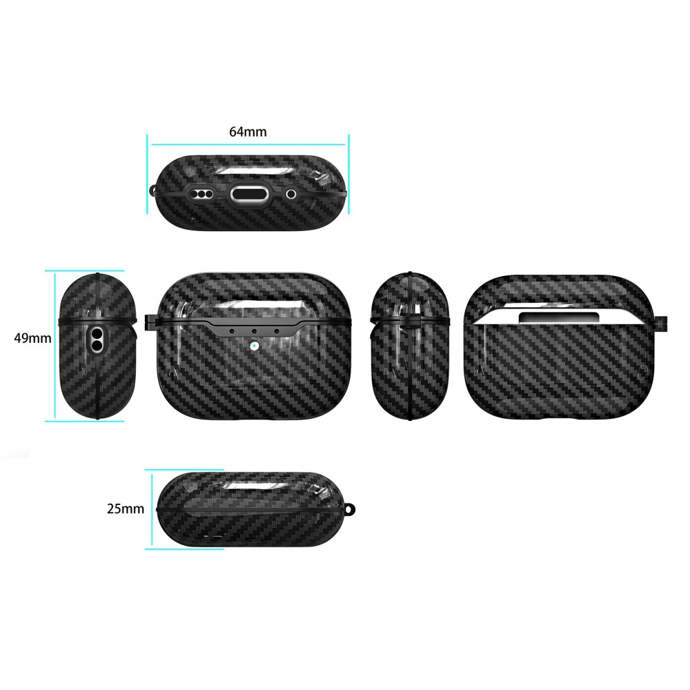 AirPods Pro 2 / AirPods Pro Gummi Schutzhülle Abdeckung mit Schlüsselring Carbon Look - Schwarz