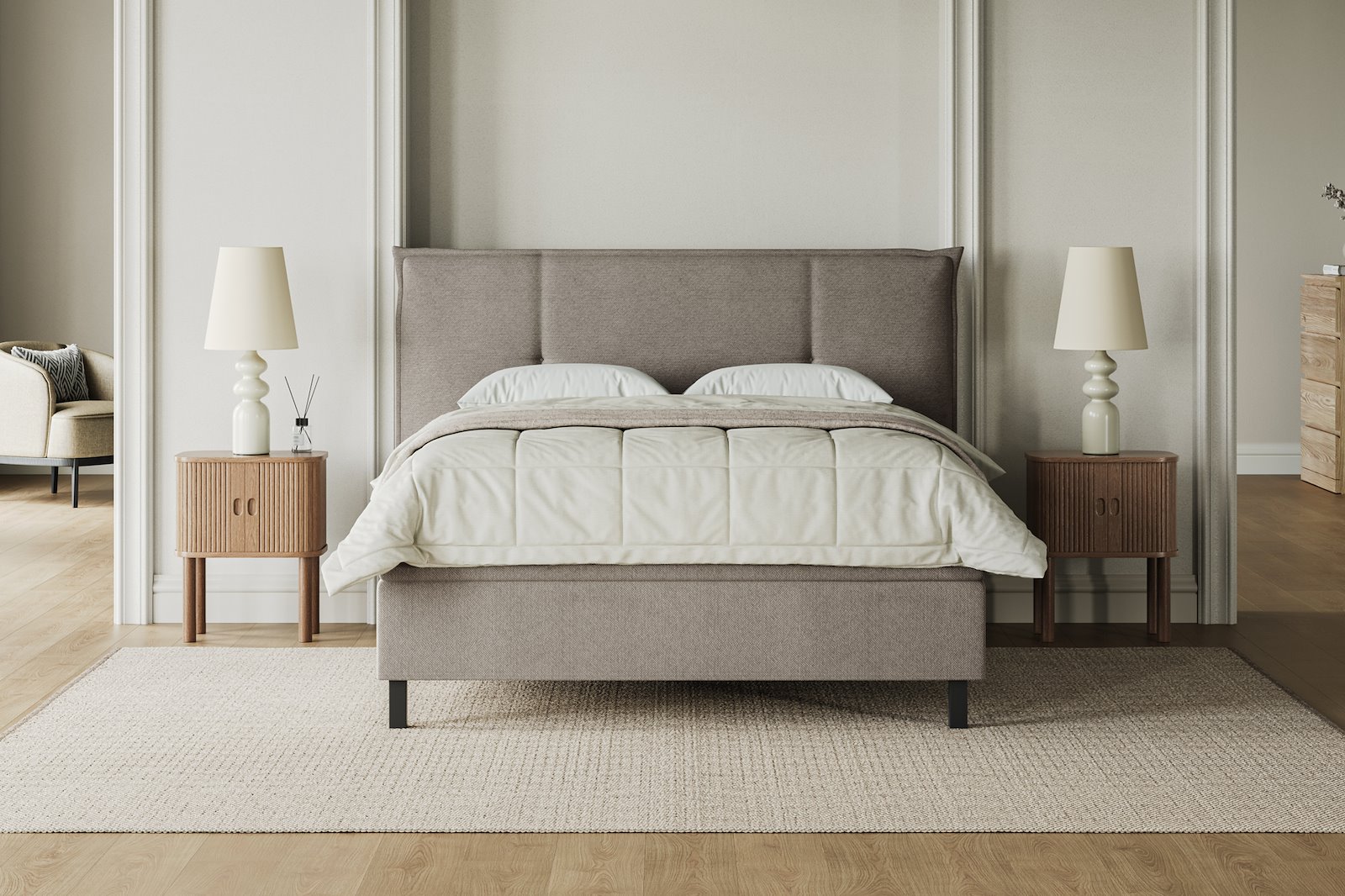 XOV Premium 15 Kontinentalseng 150x200 cm i tekstil copenhagen 803 grå, medium/medium med Premium 15 overmadrass og sort firkantede ben, gavl selges separate