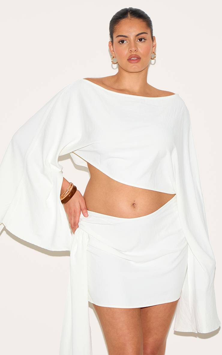 Crème Haut Coordonné Grande Taille En Tissu Fluide À Encolure Dégagée Et Manches Longues