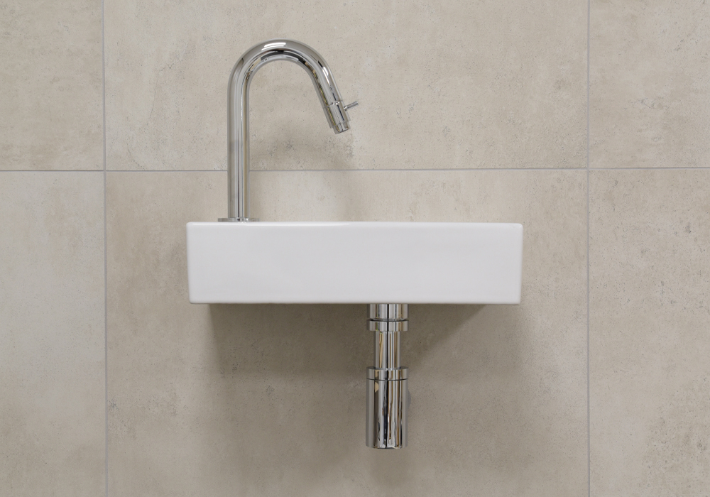 Mueller Mini Rhea wit fonteinset met chroom gebogen fonteinkraan links