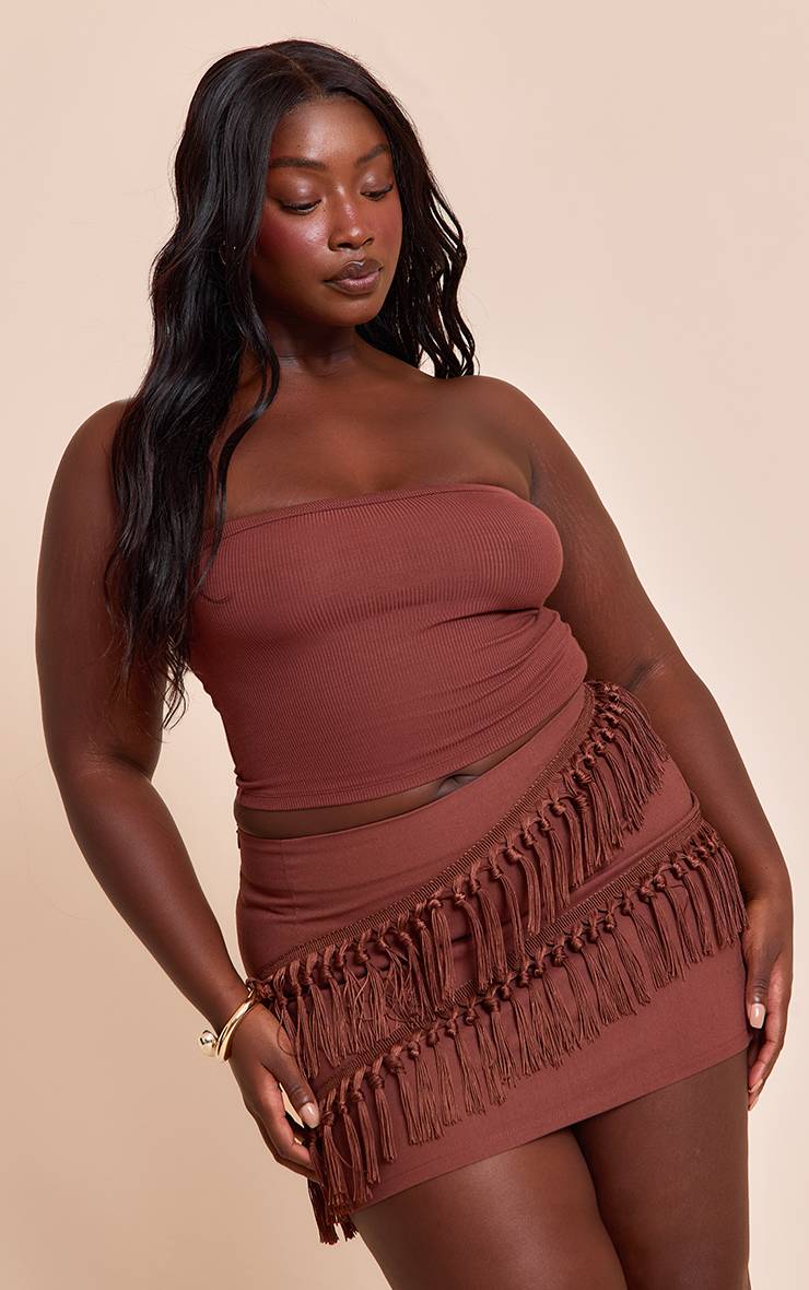 Chocolat Jupe Mini En Lin Avec Détails Pompons Grande Taille