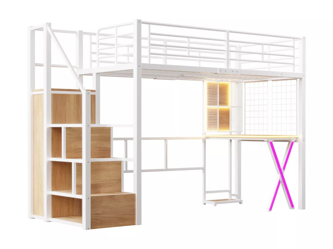 Lit mezzanine 90 x 200 cm avec bureau, penderie, étagères - Lumière d'ambiance - Métal - Blanc (sans matelas)