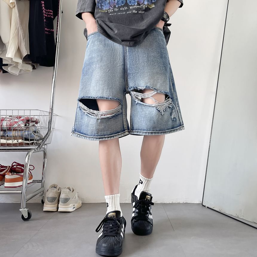 Drawouf - Mid Rise Distressed Washed Denim Shorts