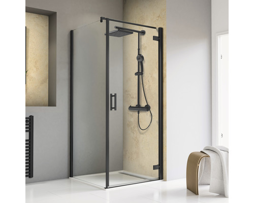 Douchedeur met zijpaneel en draaideur SCHULTE TouraPlus ExpressPlus 80 x 80 cm, zwart profiel, helder glas, vuilafstotende glascoating, deurscharnier rechts