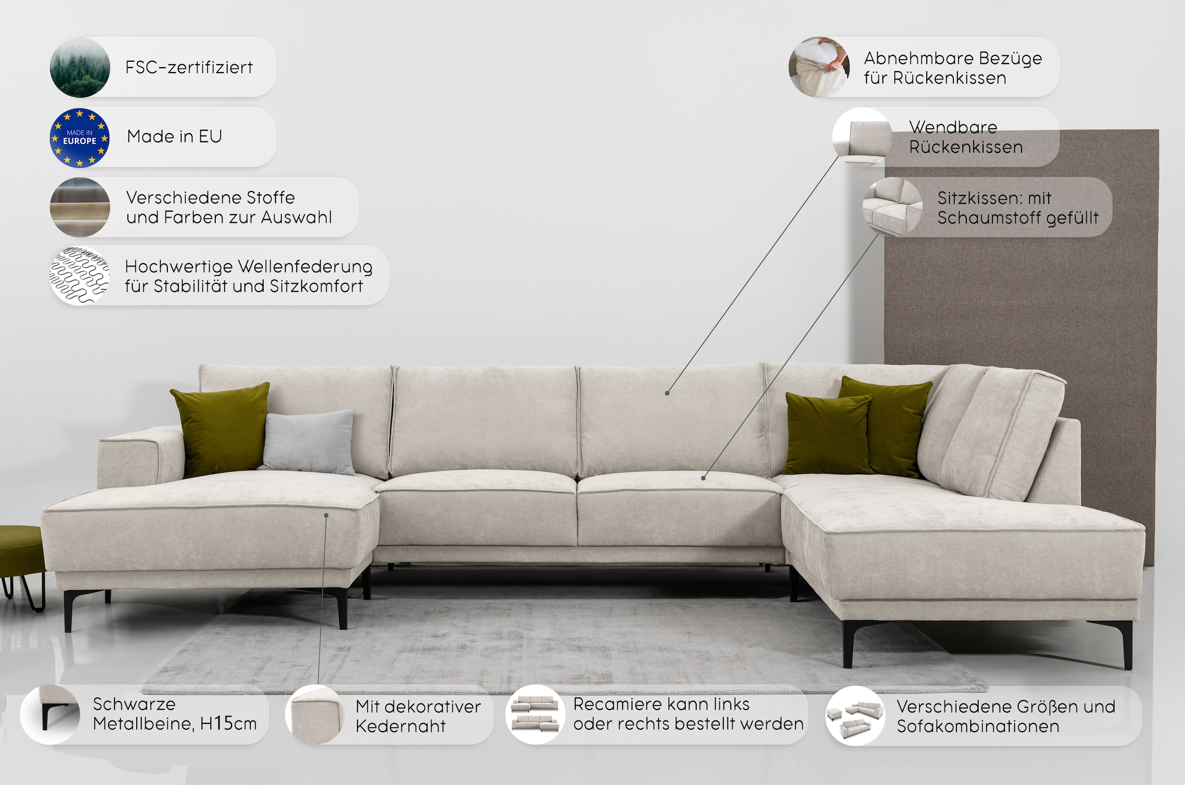 GOODproduct Wohnlandschaft »XXL Sofa Oland, Struktur, Flachgewebe, Luxus-Microfaser, Boucle« U-Form, 345 cm, Wellenunterfederung, Skandi-Design, Metallfüsse