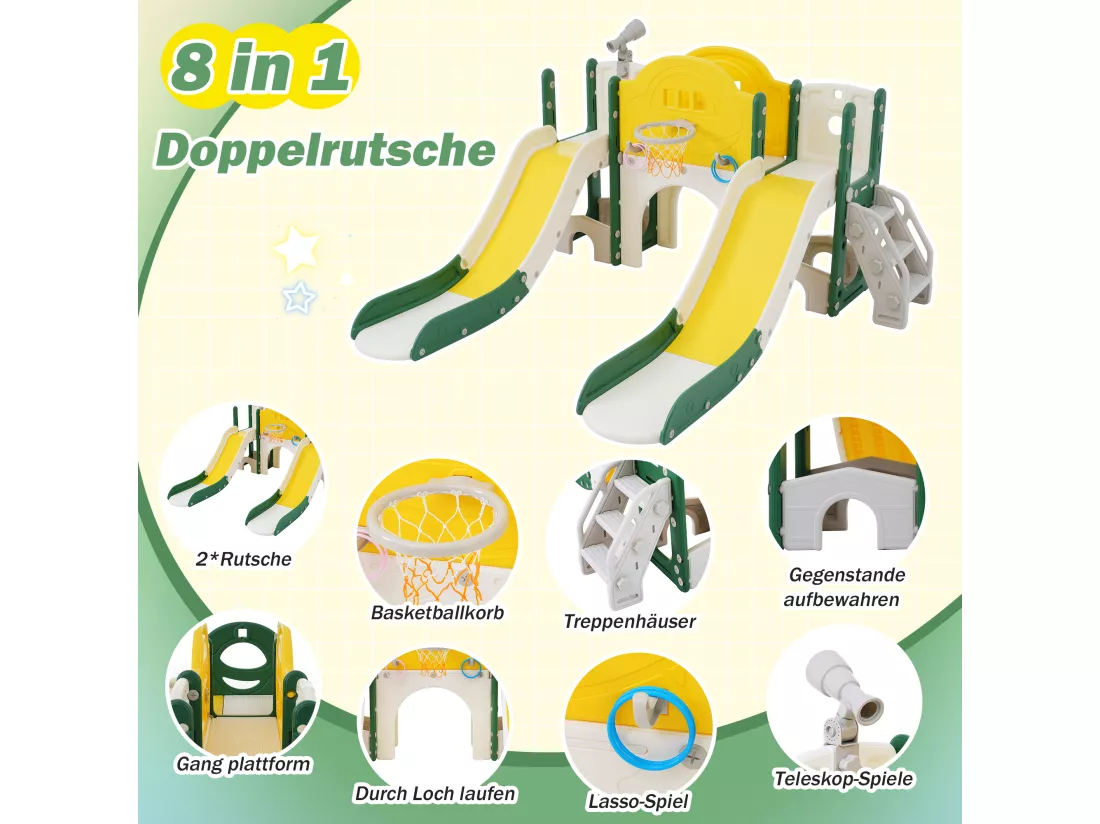 Aire de jeux pour enfants 8 en 1 avec toboggan, mur d'escalade, jeu de trous de forage, vert