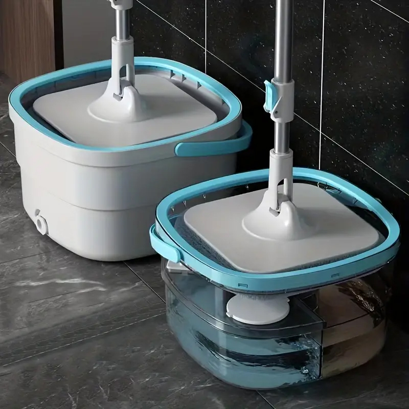 (5-tlg. Set) Dreh Wisch Mopp Bodenreiniger mit Auswringfunktion / Doppelkammer Eimer / Mikrofaser Pads - Weiss / Blau