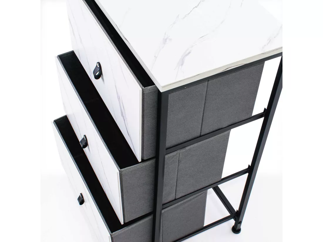 Fedra - Commode 3 tiroirs en tissu, façade et étagère supérieure en bois mélaminé stratifié