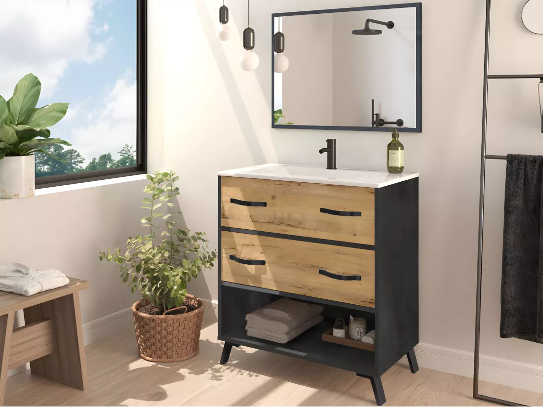 Meuble de salle de bain coloris effet marbre / chêne doré - Hauteur 88 x Longueur 81 x Profondeur 47 cm