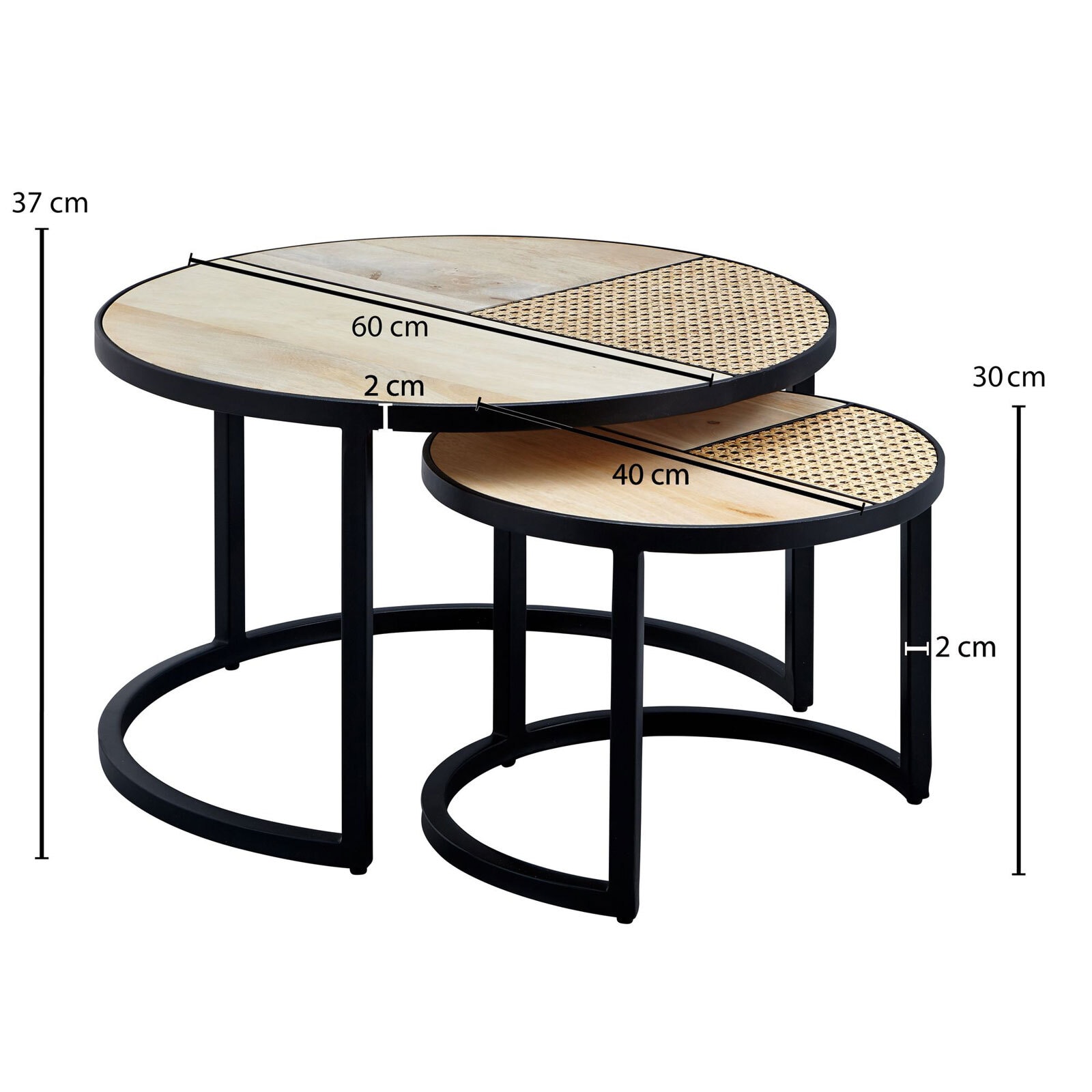 Couchtisch rund 2er Set Ø 60/Ø 40 cm Schwarz/ Mango massiv