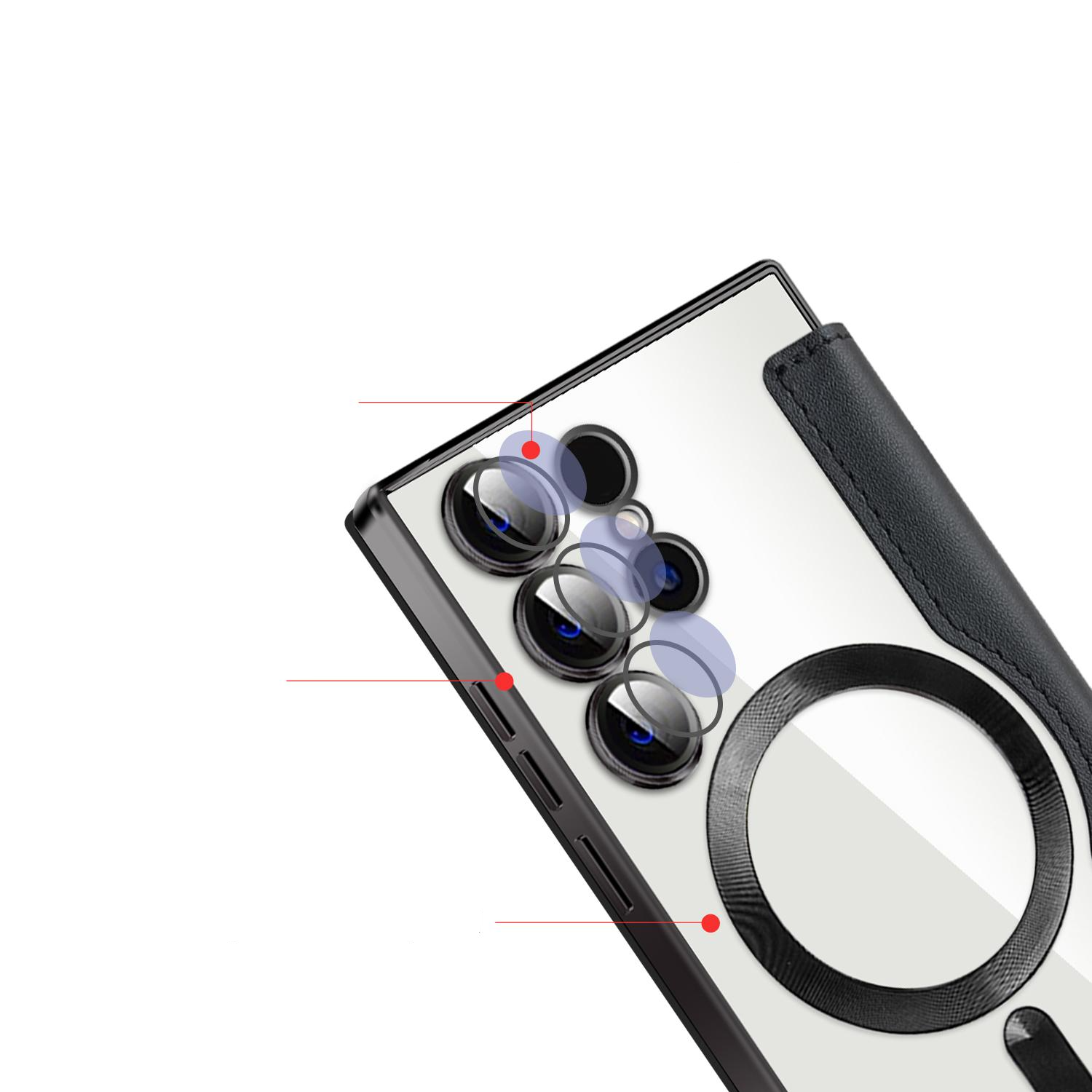 Samsung Galaxy S24 Ultra Hybrid Leder Tasche   Kunststoff Rückseite MagSafe-Modul - Schwarz / Transparent