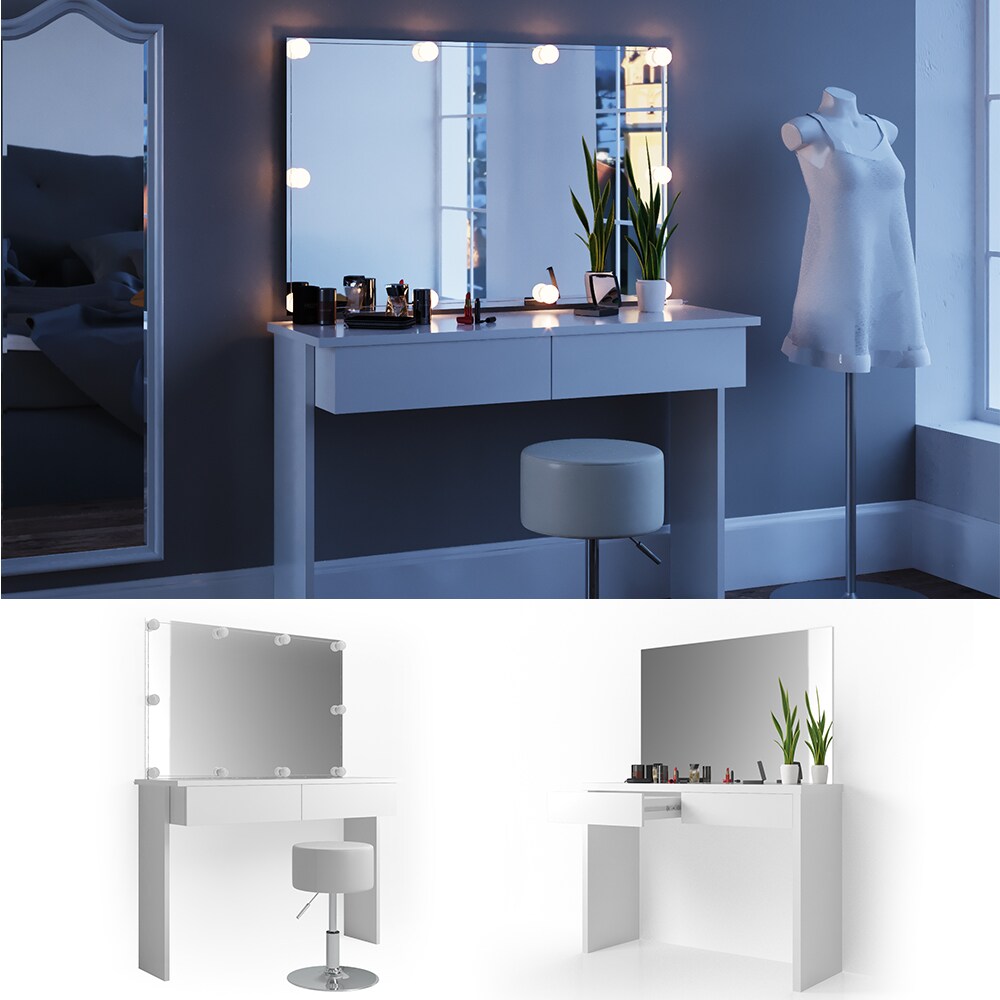 Vicco Schminktisch Azur Kosmetiktisch Frisiertisch Frisierkommode Weiß Hochglanz inklusive Sitzhocker, Spiegel und LED-Lichterkette