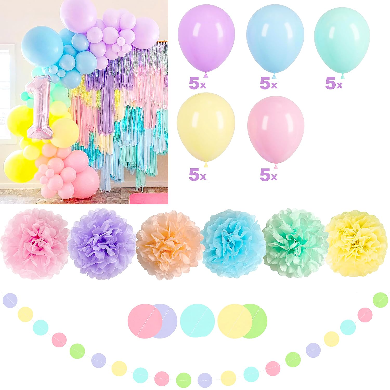(42-tlg. Set) Happy Birthday Girlande Geburtstags Party Deko Latex Luftballons / Pompon's / Spiral Girlande - Pastell