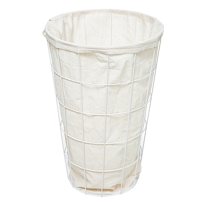 Panier à linge Five Modern 42 litres en polyester cadre en fer et couvercle en bois MDF coloris blanc Ø38,5 x H.57 cm