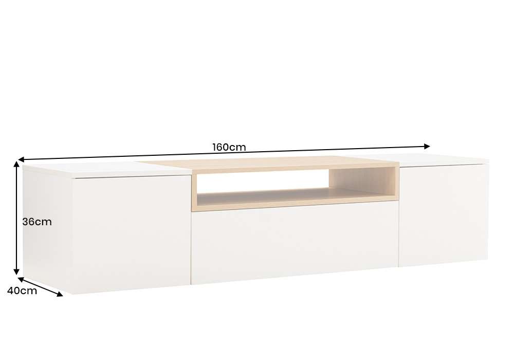 Hängendes TV-Board LOFT 160cm weiß natur drei Fächer mit Schublade