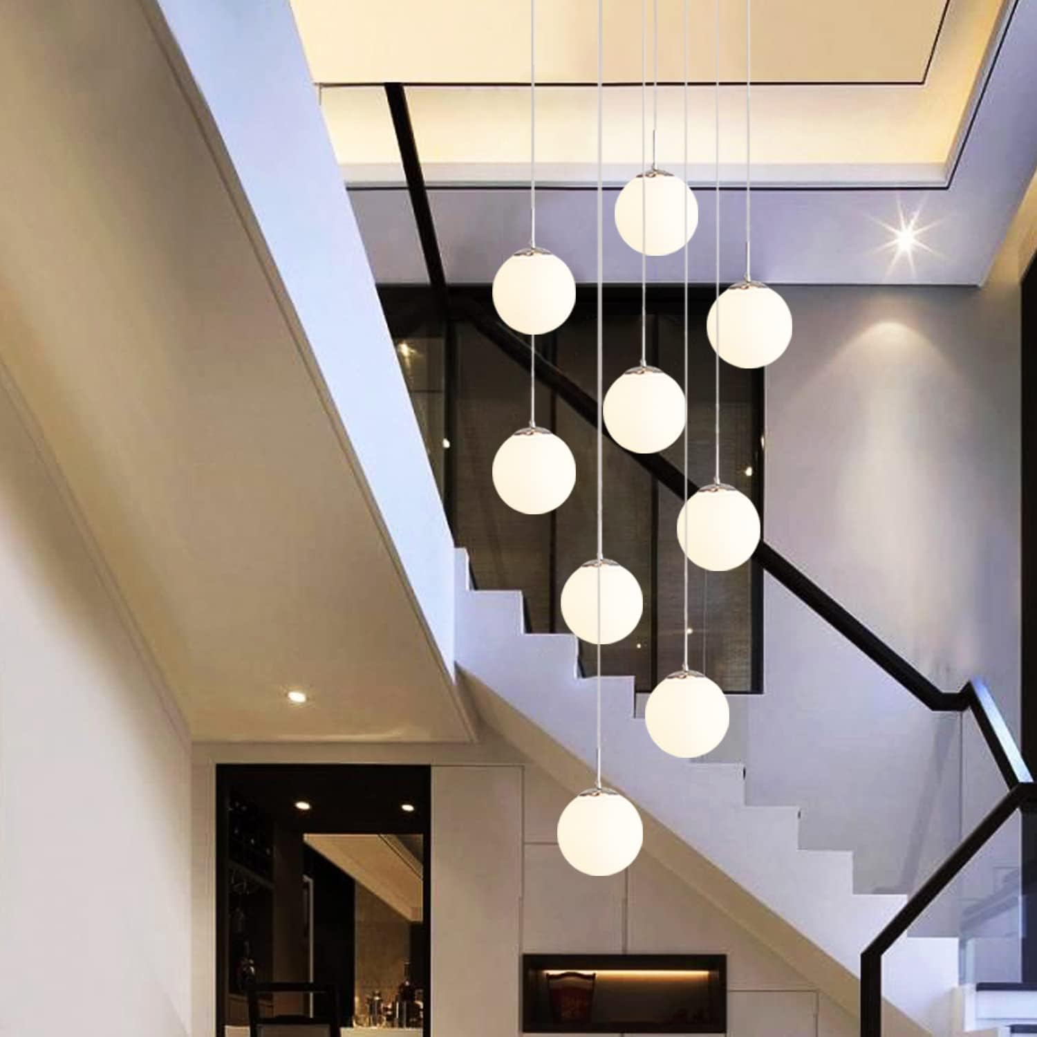 H.W.S Pendelleuchte Modern Treppenhaus Kugel Hängeleuchte Esstisch G9 Kronleuchter, Höhenverstellbar,Designer Deckenlampe,Weiss LED Hängelampe Wohnzimmer Villa Küchen Flurlampe,Retro Lampe (9 flammig)