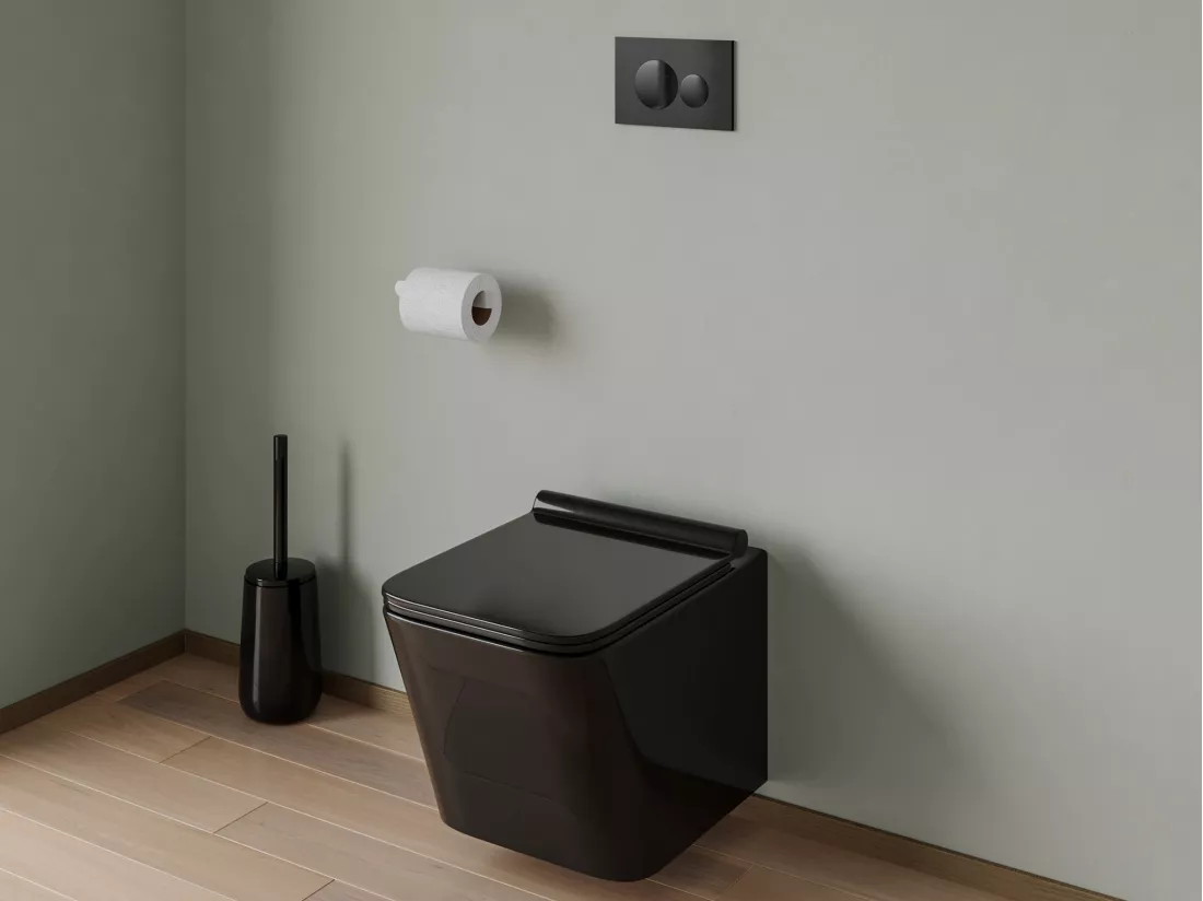 Pack WC suspendu en céramique noir mat avec option bâti-support et plaque de déclenchement ronde - CLEMONA