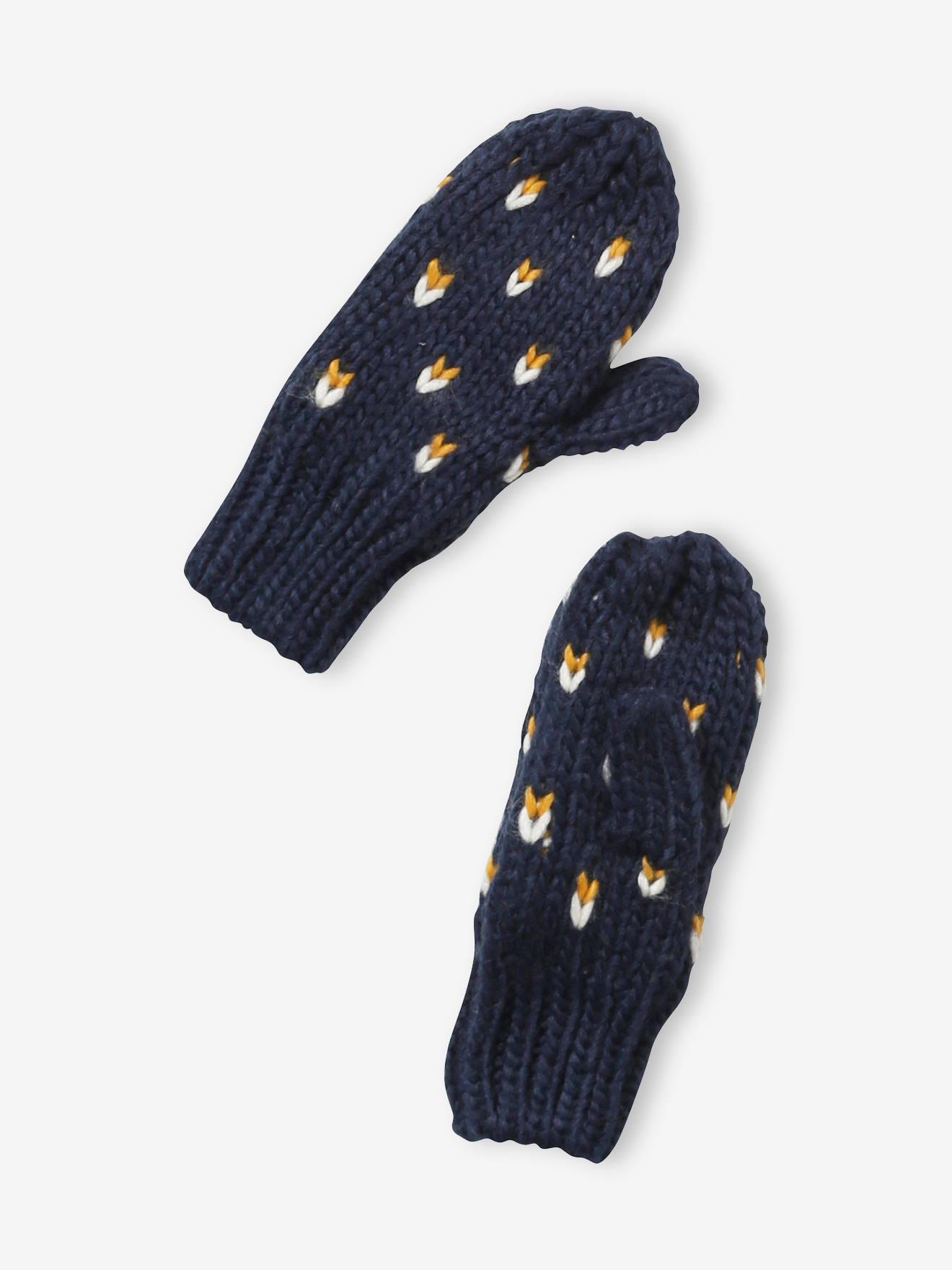 Conjunto de gorro, cachecol e luvas com estampa de corações em azul escuro, para meninas.