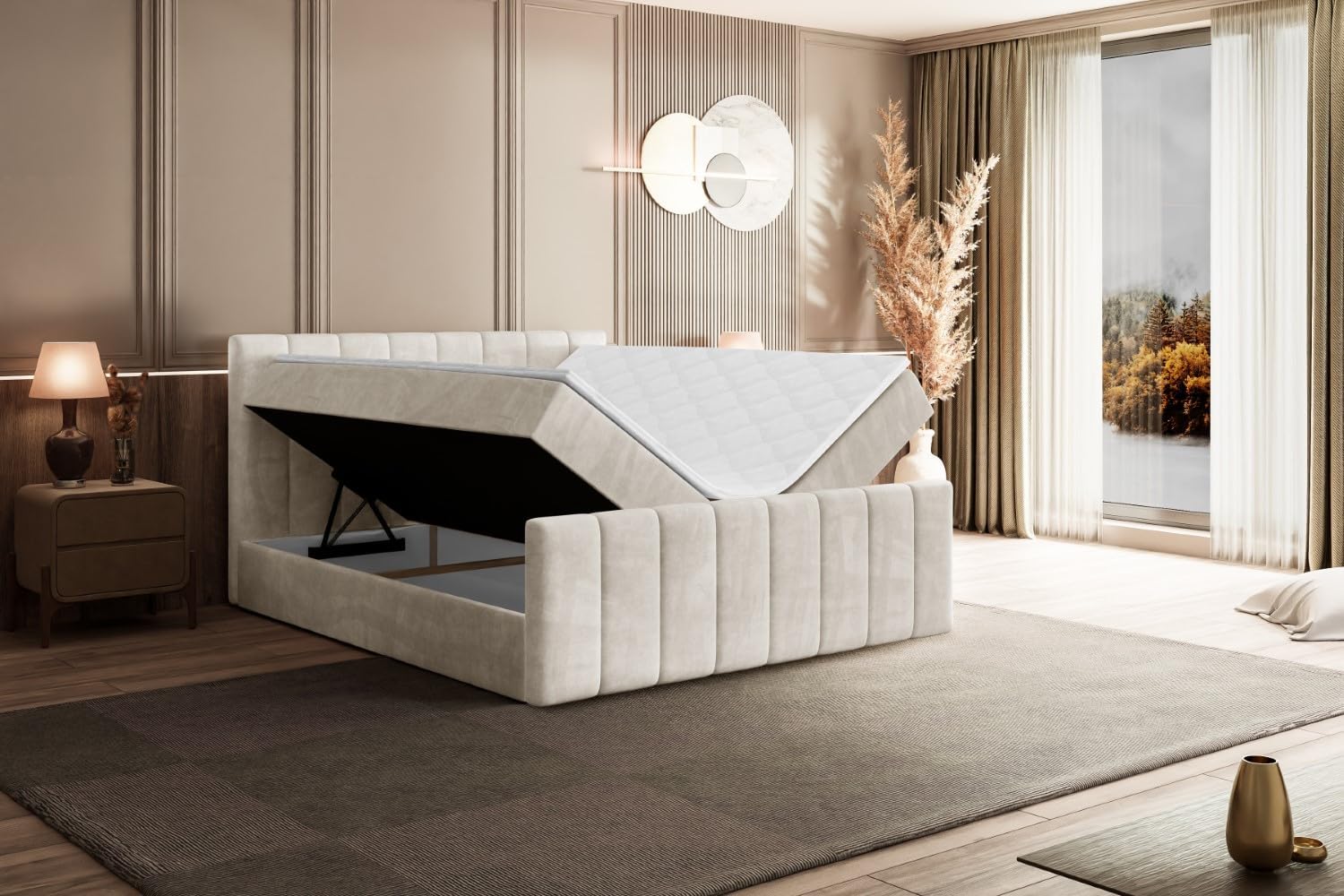 ALTDECOR Boxspringbett mit Matratze und Lattenrost, Boxbett, Topper, Fußteil, Polsterbett mit Bettkasten, Bett mit Stauraum H3-Matratze, Doppelbett, Springboxbett - OTTA-Z - 200x200 Beige Samt