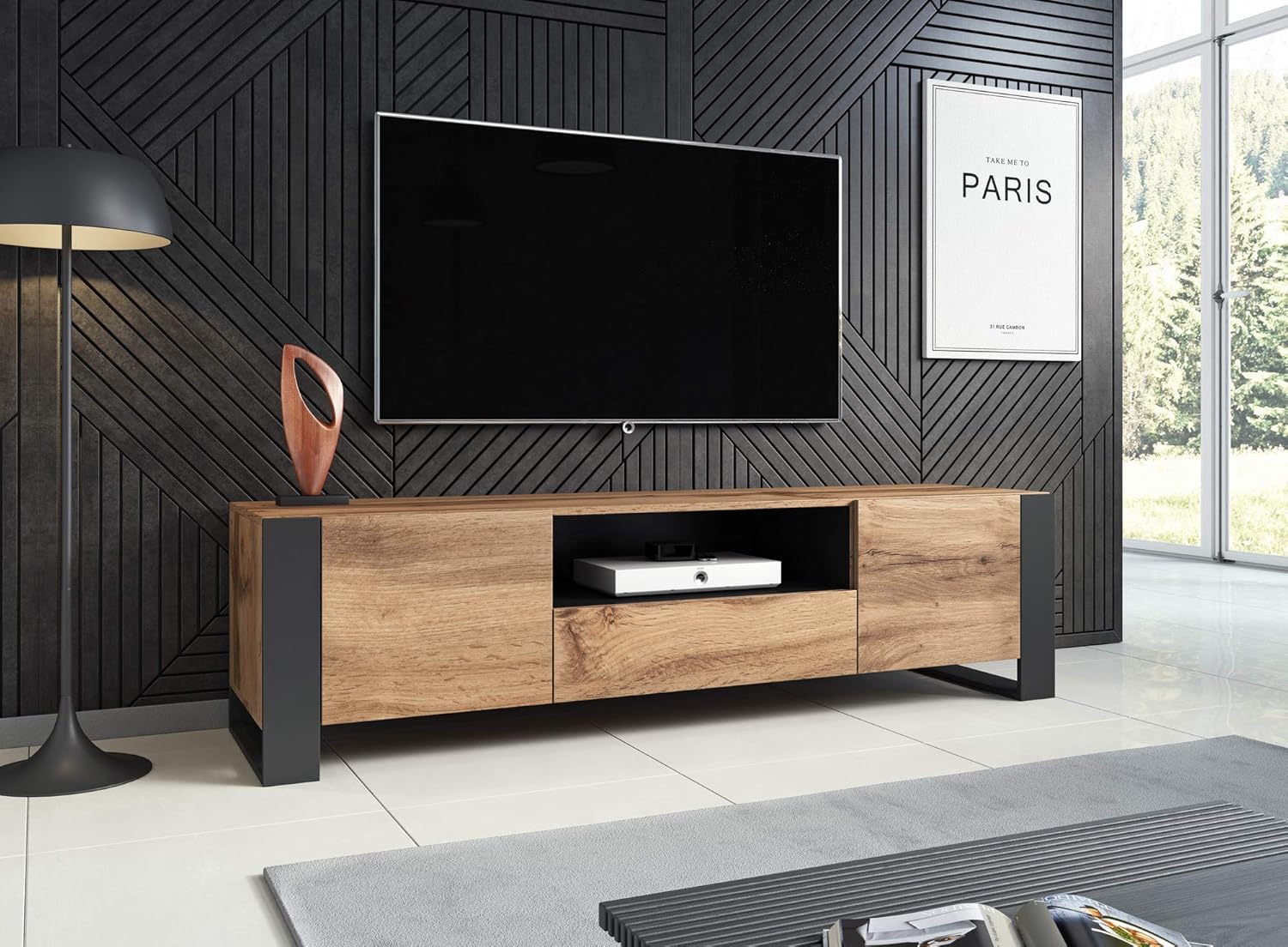 Tv Schrank Wood, Lowboard, Unterschrank, Tv-Tisch mit 2 Türen, 1 Schublade, Fernsehenschrank, Wotan Eiche