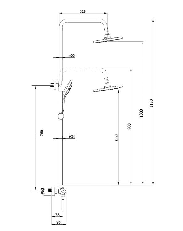 Saniclear Nero mat zwart opbouw regendouche 20cm met thermostaatkraan en staafhanddouche