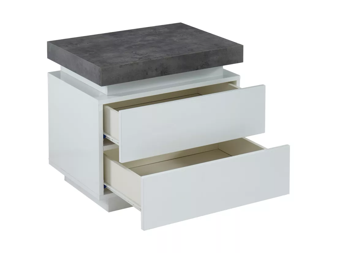 Lot de 2 tables de chevet - 2 tiroirs - MDF Laqué - Avec LEDs - Coloris : Blanc et béton - HALO II