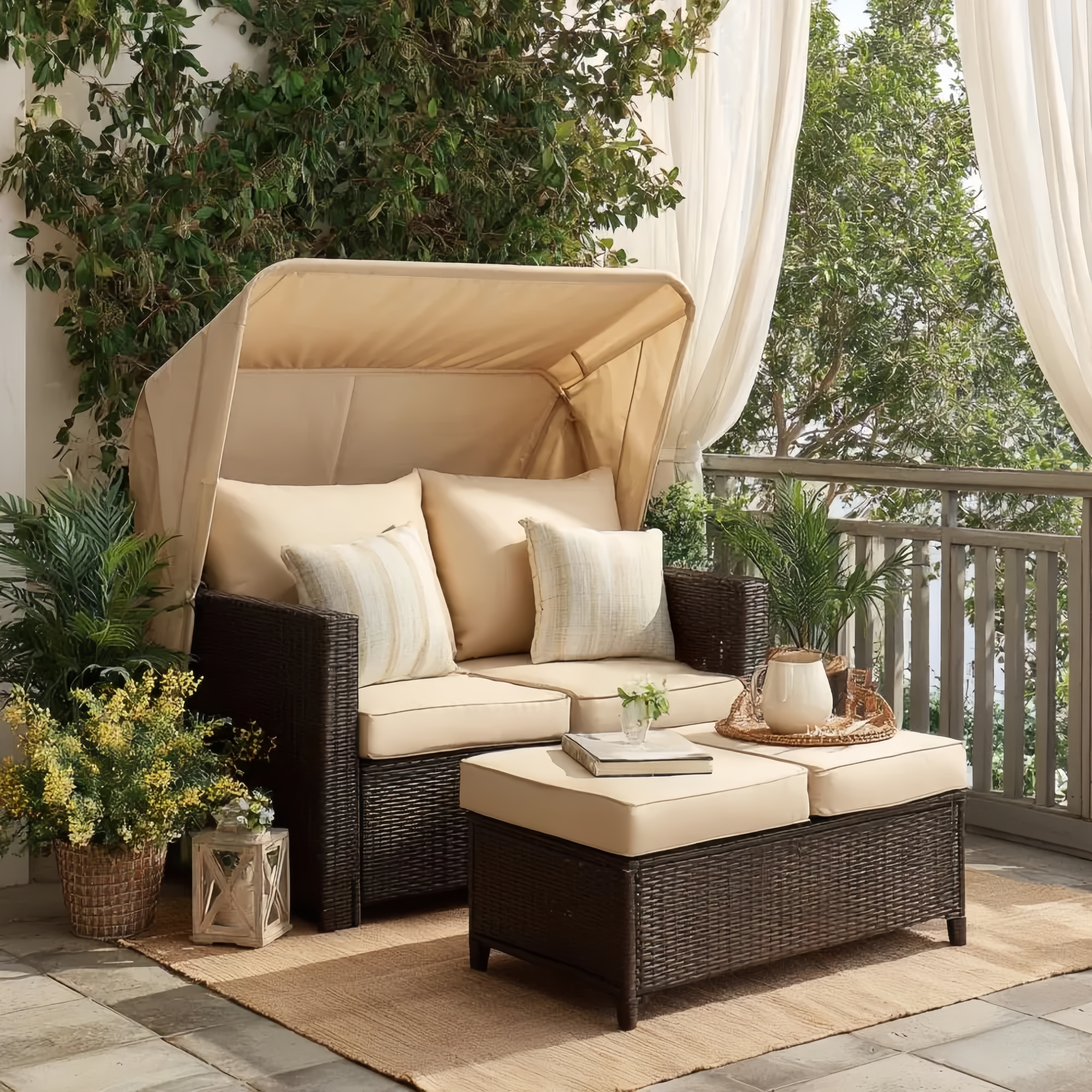 Garten-Sofaset Rattan 120x65x75 cm – Beige/Schwarz – Moderne Entspannungslounge