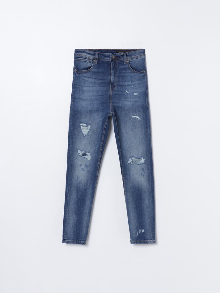 Calça jeans skinny rasgada - Azul escuro