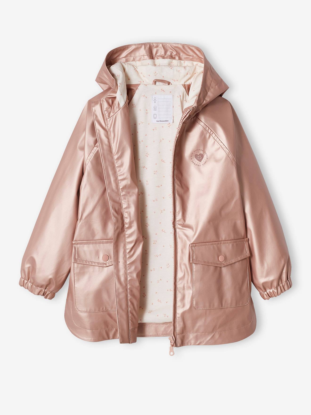 Capa de chuva rosa metálica com capuz para meninas