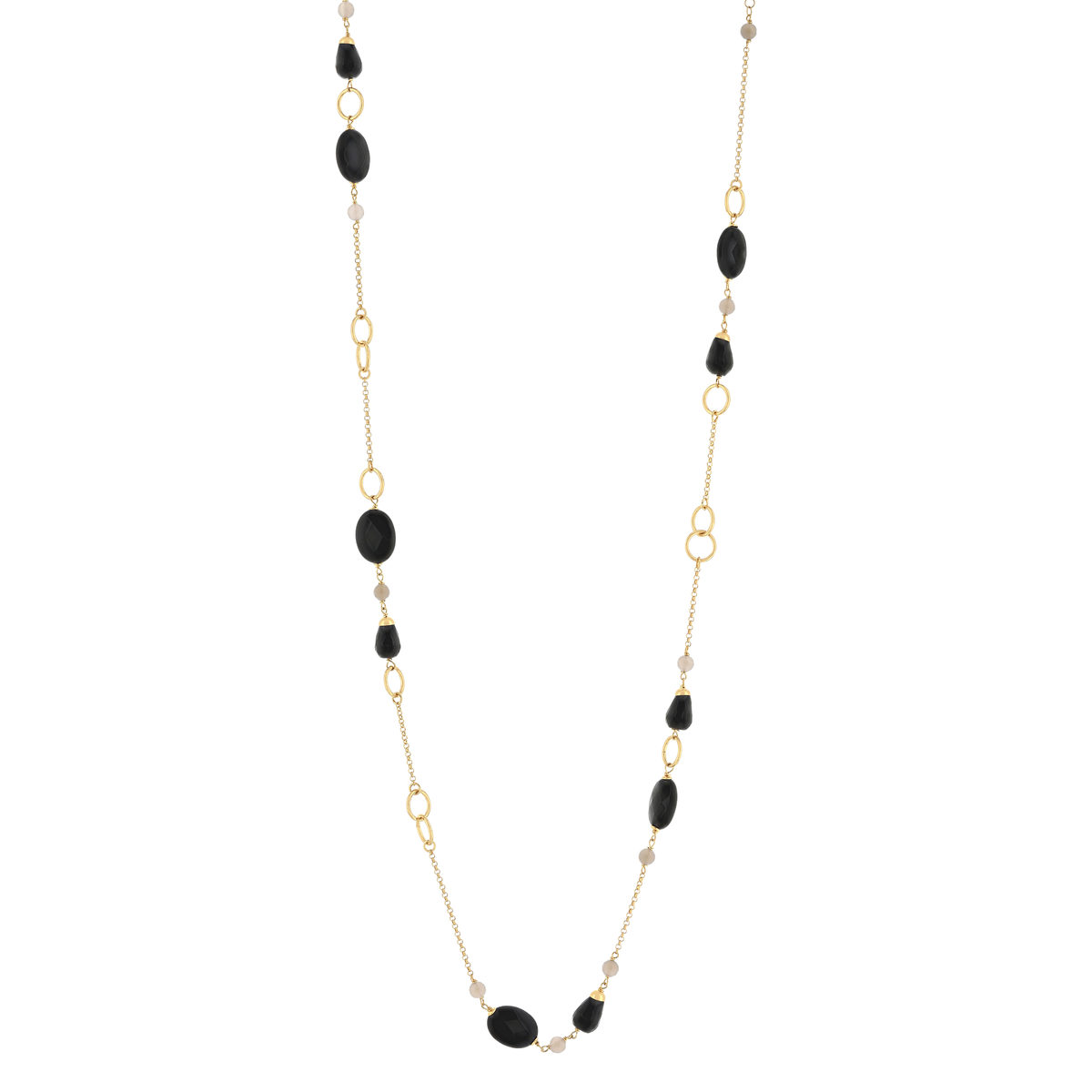 Sautoir argent 925 rose, onyx et agates grises 100 cm