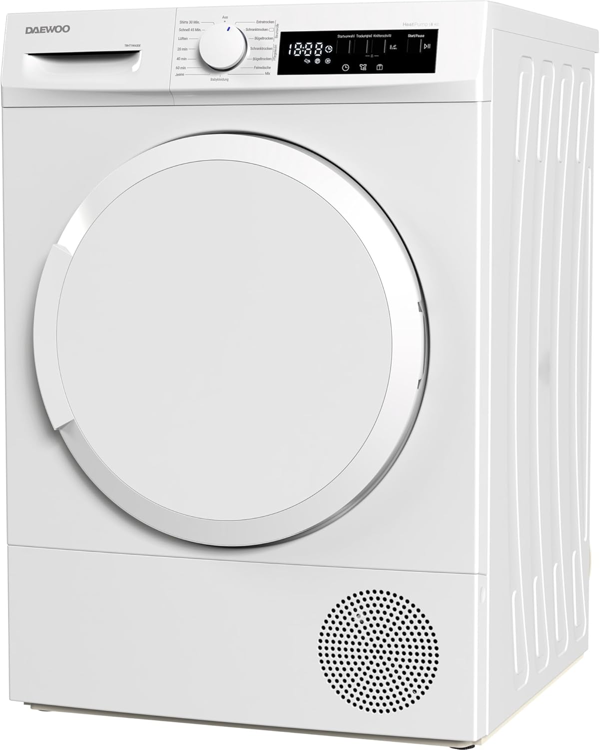 Daewoo T8HT1WA3DE Wärmepumpentrockner, C, 8 kg, Programmknebel und SoftTouch-Bedienung mit LED-Display, 15 Programme, Trommelinnenbeleuchtung, Weiß