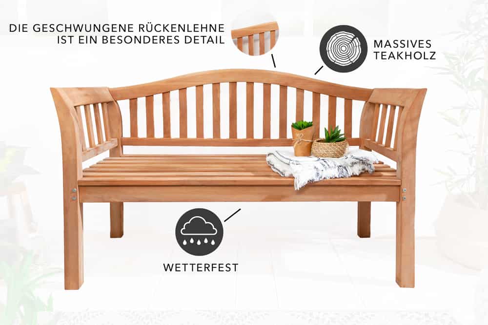 Massive Gartenbank EMPIRE TEAK 130cm natur Teakholz Outdoor-Sitzbank mit Lehne