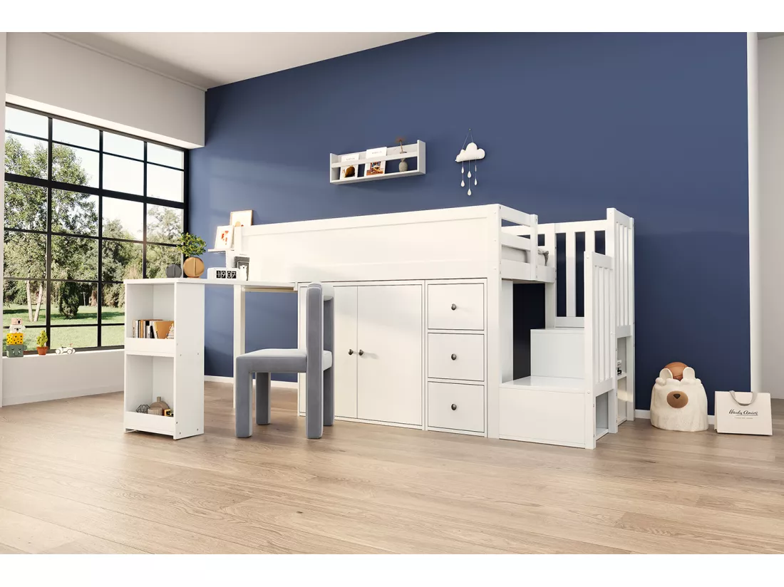 Lit mezzanine 90 x 200 cm avec bureau coulissant, armoire et 3 tiroirs - MDF - Blanc (sans matelas)