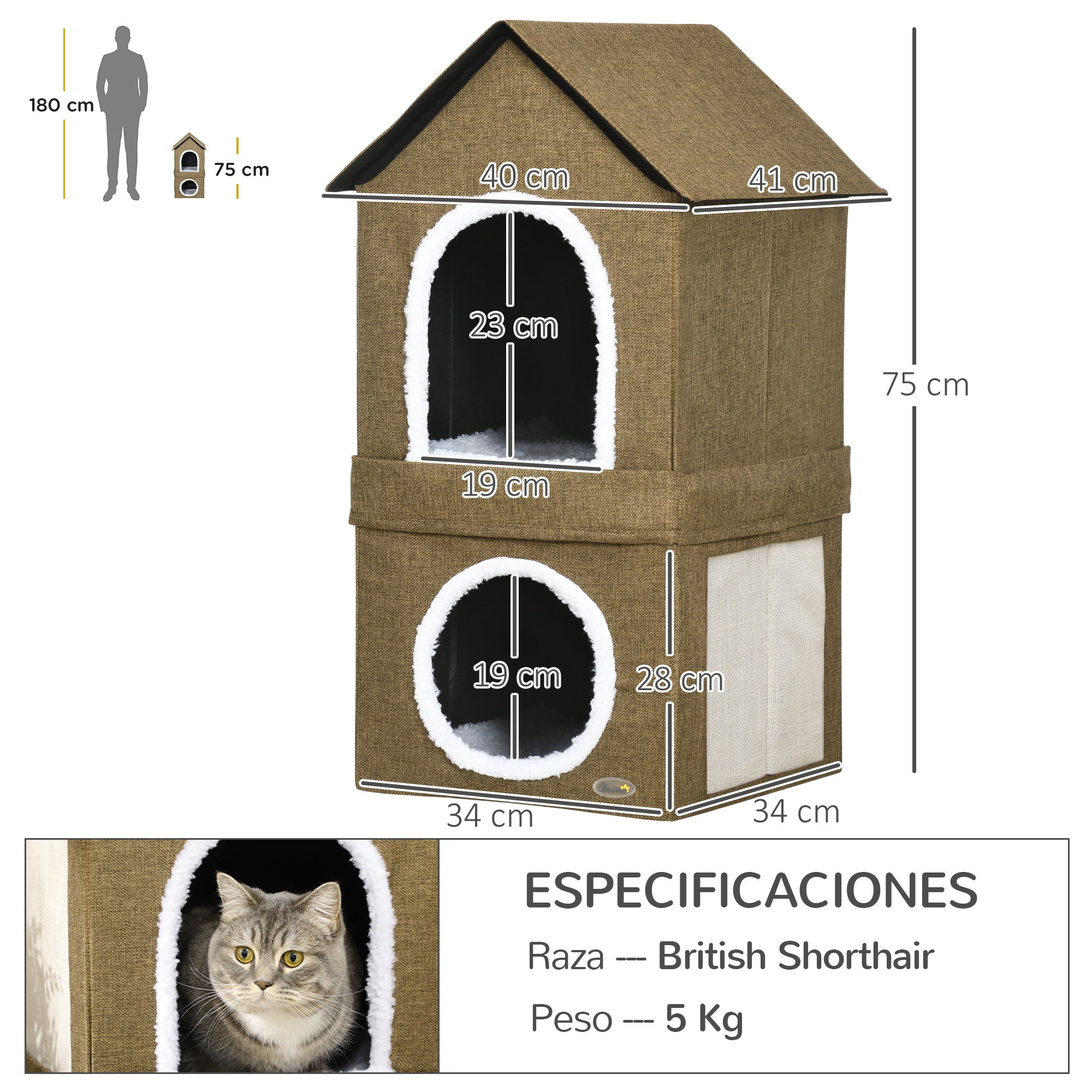 Casinha para gatos Pawhut de 2 níveis, tipo caverna, com 2 almofadas e arranhadores, pode ser usada junta ou separadamente, 40x41x75 cm, marrom.