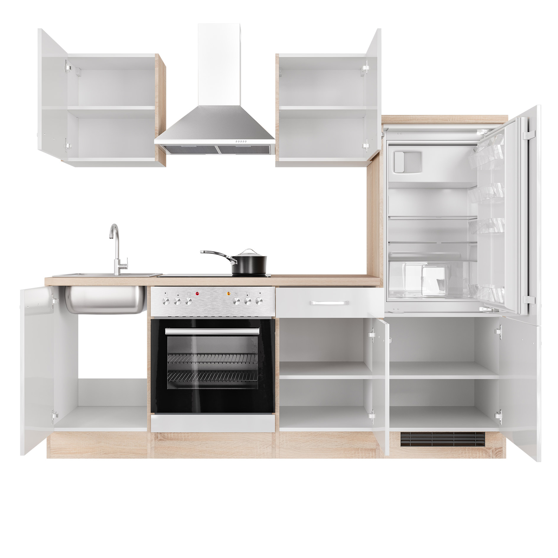 Küchenblock VALERO - weiß Hochglanz - Sonoma Eiche - mit E-Geräten - 220 cm