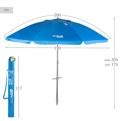 Guarda-sol de praia à prova de vento Ø190 cm com mastro central e inclinação ativa