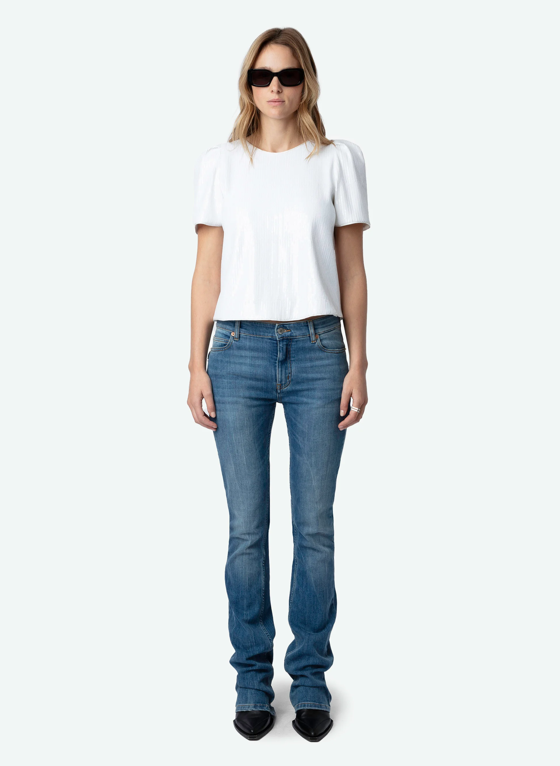 TCHAO - Top col rond à rayures sequins en coton stretch| Blanc