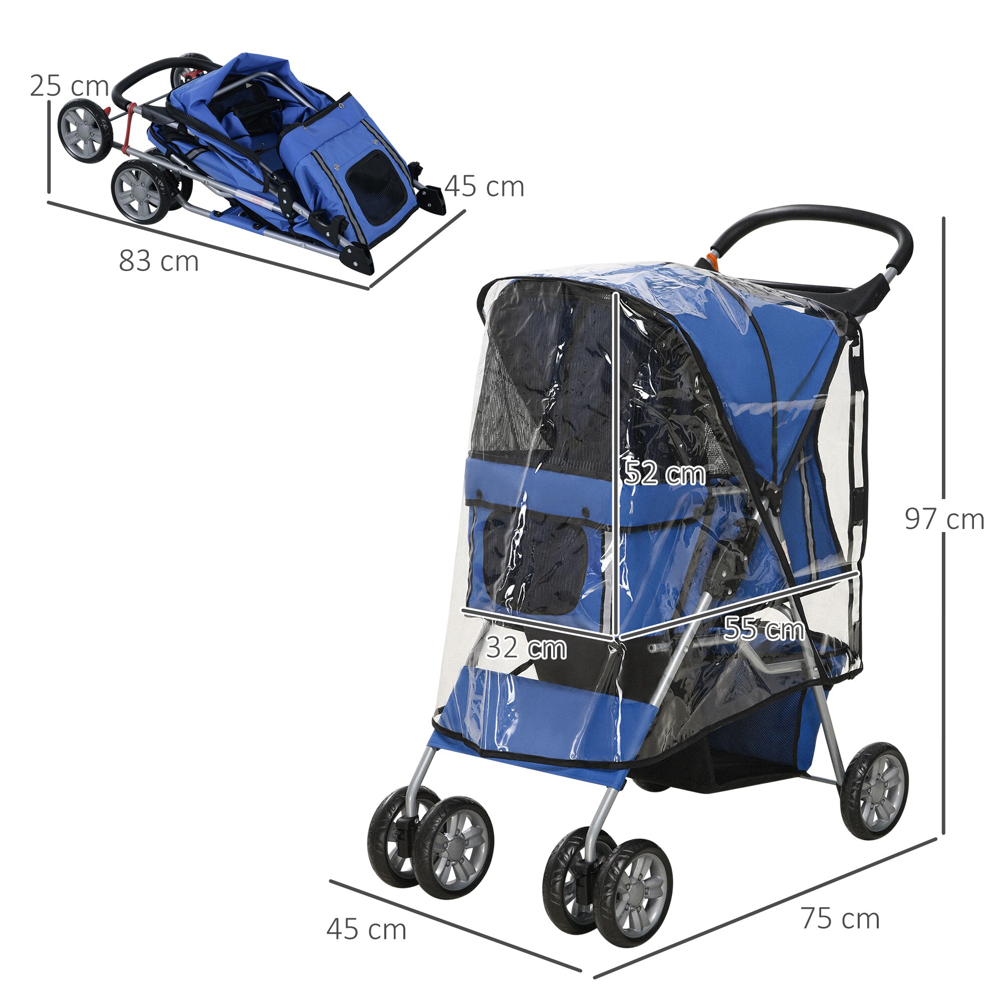 PawHut Hundebuggy mit Regenverdeck blau 75L x 45B x 97H cm