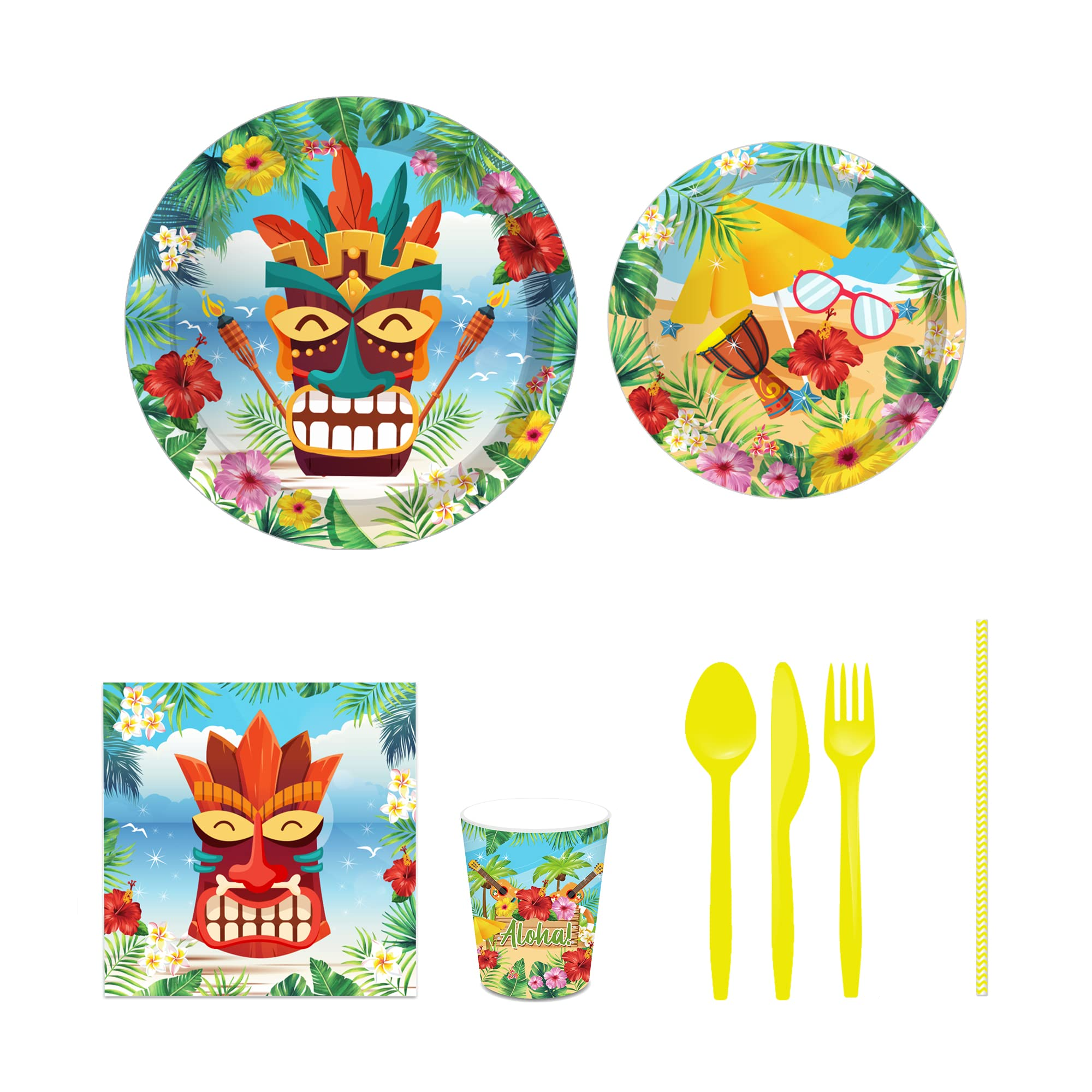 (141-tlg. Set) Einweg Geschirr Sommer Hawaii Party Tisch Dekoration inkl. Teller / Servietten / Papp Becher / Besteck - Aloha