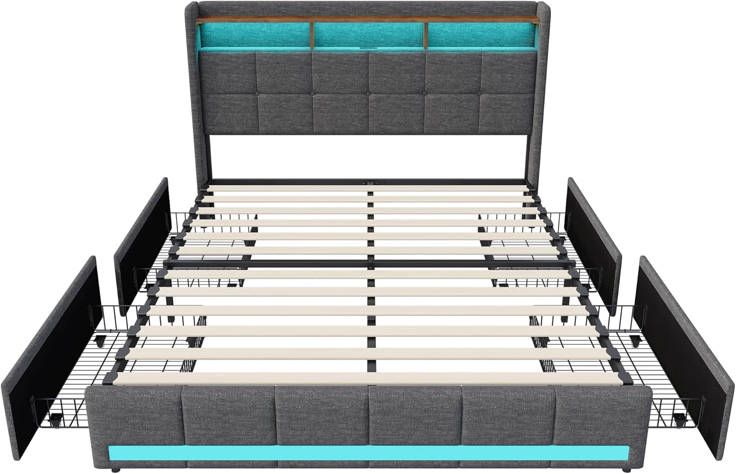 Polsterbett Doppelbett 140x200 cm, Bett 140x200 mit Bettkasten, Stauraumbett mit 4 Schubladen und Lattenrost, Staufach-Kopfteil mit LED-Beleuchtung und Ladestation(2 USB-Anschlüsse,1 Type-C),Leinen