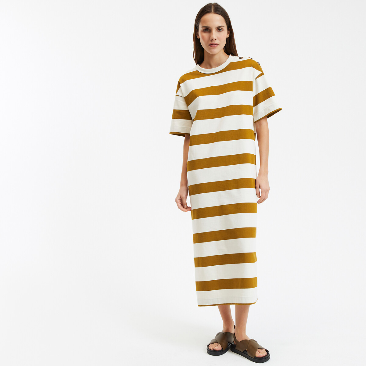 COLEÇÃO LA REDOUTE<br>Vestido longo listrado com botões no ombro e mangas curtas