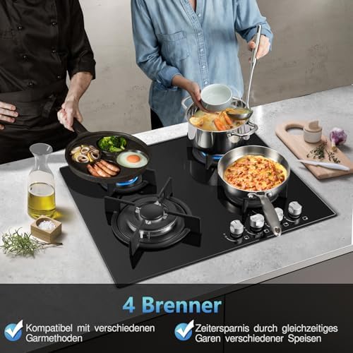 TopStrong Plaque de Cuisson Gaz 4 Feux, 60cm Plaque Gaz 4 Feux avec Sécurité Thermocouple, Cuisinière Encastrable, Naturel/Propane, 8060W, 220 240 V, Verre Noir : Gros électroménager