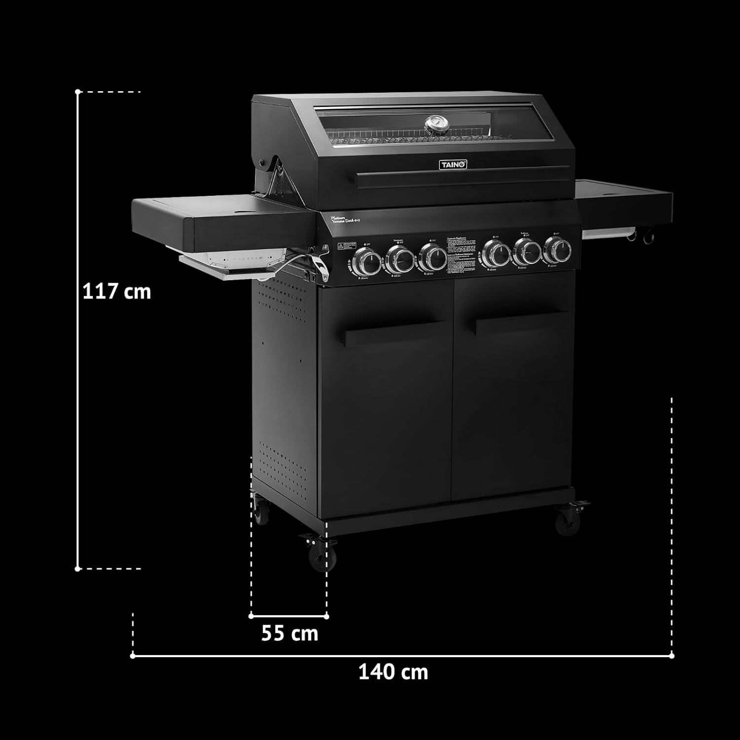 TAINO PLATINUM YAMARA DARK 4+2 Gasgrill Stahl 4 Brenner Keramik Sear-Burner Keramik Backburner Piezo-Zündung Grillrost Gusseisen