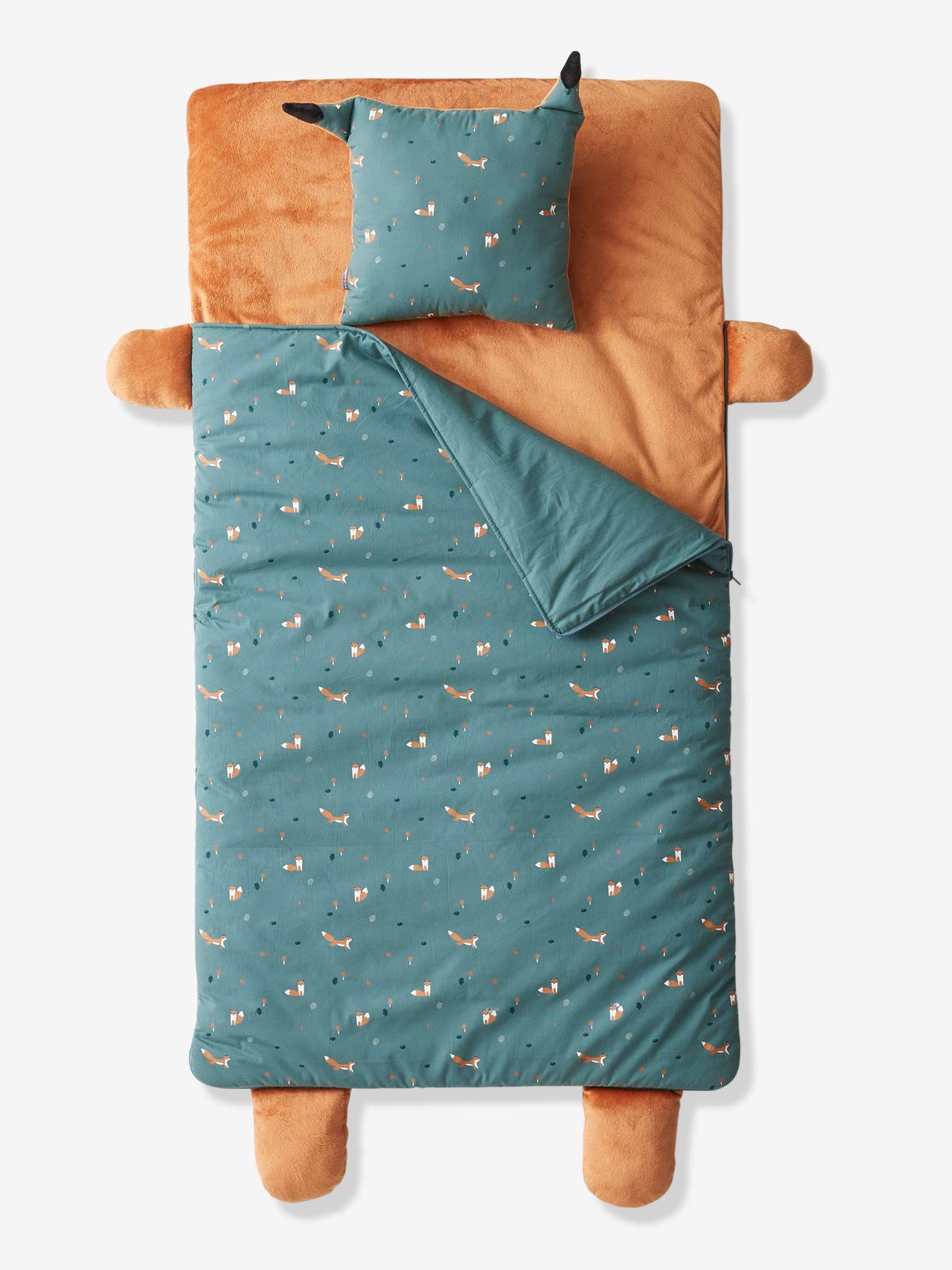 Saco de dormir verde-escuro com estampa de raposa
