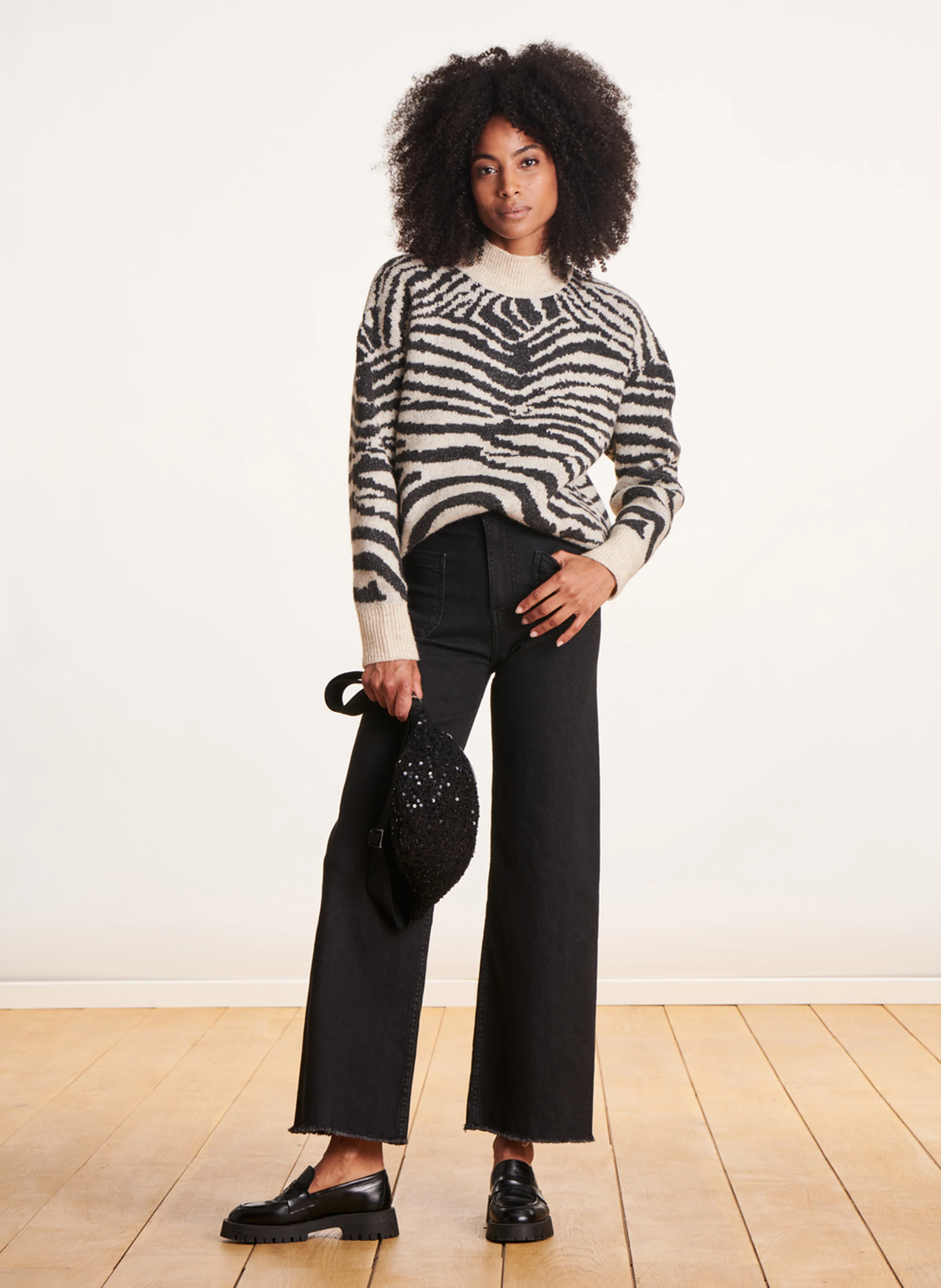 Pull col montant zèbre | Noir